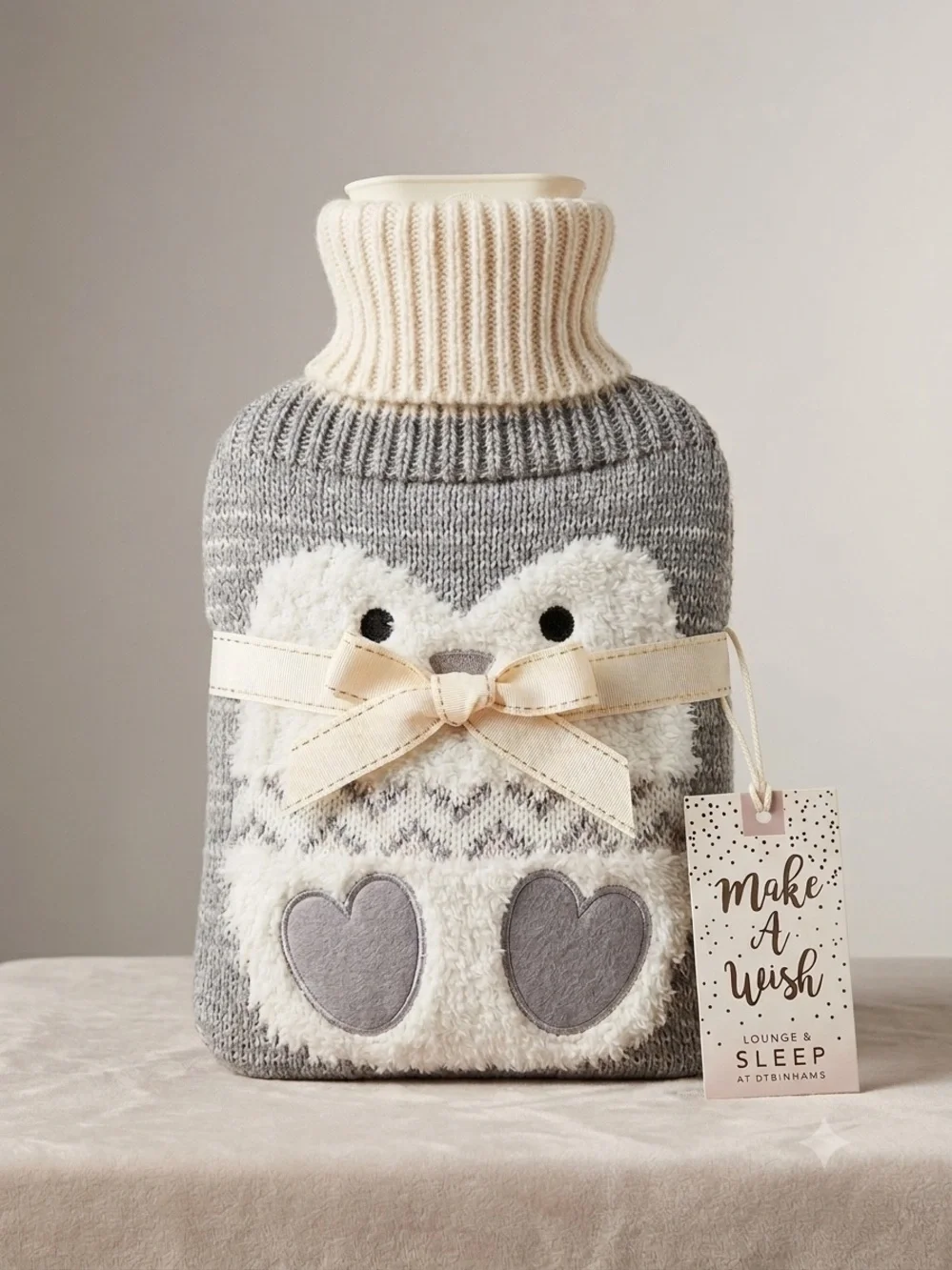 NWT Lounge & Sleep Debenhams Penguin Hot Water Bottle knit Cover Grey Cream